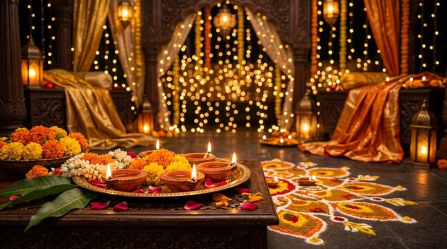 Traditional diwali home decoration with glowing oil lamps and colorful rangoli art for the festival of lights