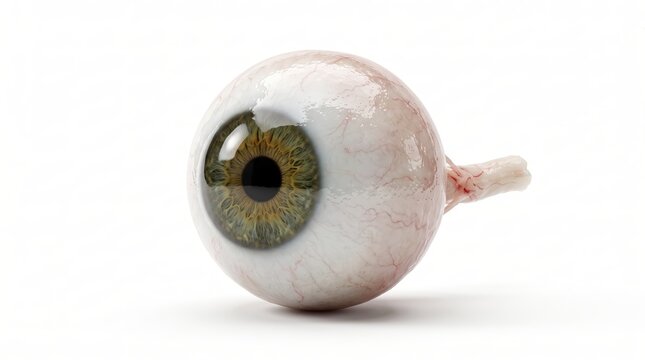 Hyper-realistic Human Eyeball with Green Iris and Optic Nerve on White Background