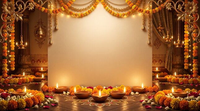 Festive diwali background with empty copy space decorated with traditional oil lamps and golden marigold flower garlands