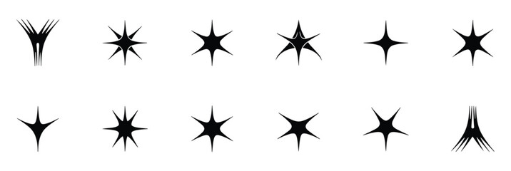 Collection of abstract geometric starburst shapes and a stylized symbol arranged in a grid on a white background © Sujon Sharma