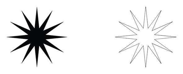 Fototapeta premium Two abstract starburst graphic elements presented side by side one solid black and the other an outline on a white background