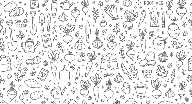 Whimsical Garden Vegetables and Tools Doodle Seamless Pattern - Fresh Produce & Healthy Eating Concept