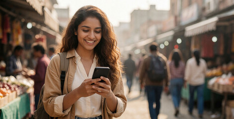 Fototapeta na wymiar Young Indian woman smiles looking at screen of smartphone during walk through busy outdoor street market. Attractive female student uses mobile phone for messaging internet browsing in city center.