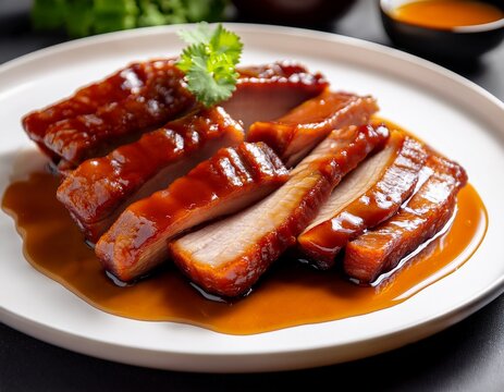 chinese bbq pork sliced and served with a rich honey glaze on a white plate crispy caramelized edges tender roasted pork and savory flavors make this a delicious asian cuisine dish