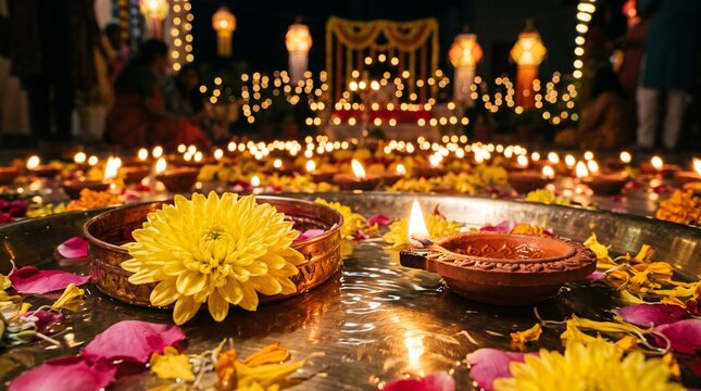 Beautiful diwali celebration background with traditional oil lamps and colorful flower decorations for the festival of lights