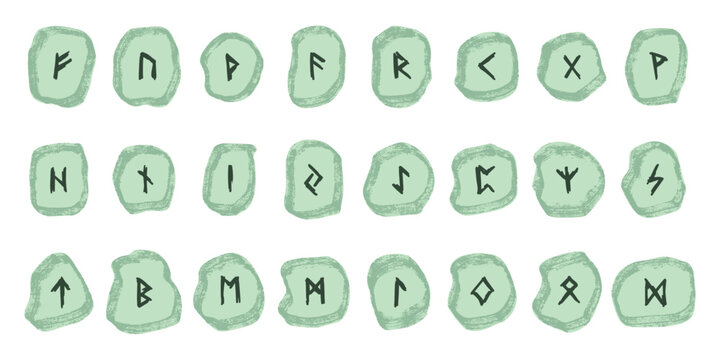 Set of hand drawn viking runes Rune stones with ancient norse alphabet characters engraved on them Scandinavian futhark germanic celtic Single element for design, print, web, decor