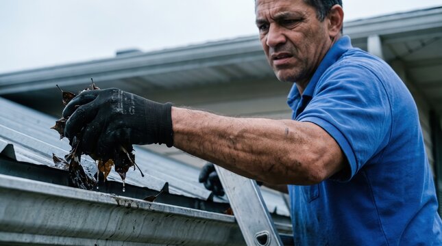 Man cleaning wet leaves from roof gutter, home maintenance