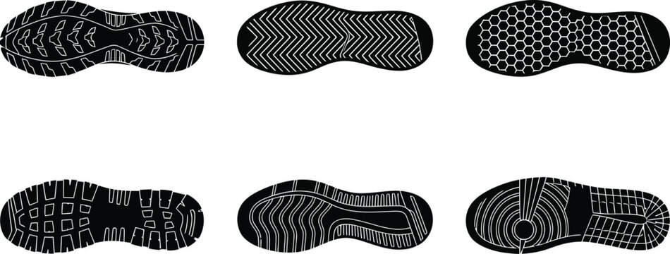A collection of various shoe sole tread patterns isolated on a plain white background for design projects