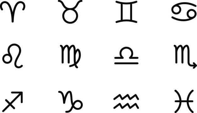 A collection of twelve black and white astrological zodiac sign symbols arranged in a grid pattern