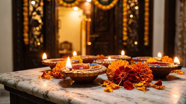 Traditional indian oil lamps with marigold flowers arranged on a table for the diwali festival celebration
