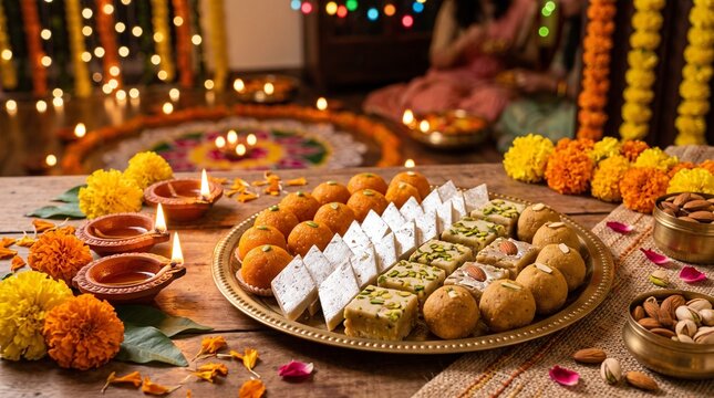 Traditional indian diwali celebration with a platter of assorted sweets and glowing oil lamps on a festive background