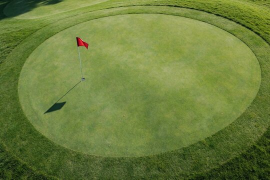Aerial view of golf putting green featuring red flag on pole. Mowed grass lawn displays smooth texture under summer sun. Professional sport field provides space for club tournament competition play.