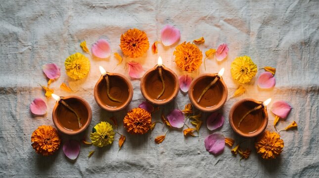 Top view of traditional clay oil lamps decorated with colorful flower petals for the hindu festival of diwali