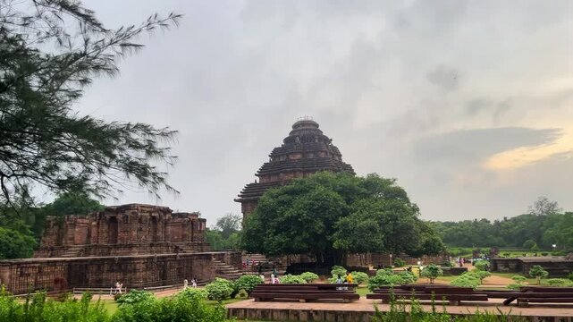 Ancient Konark Sun Temple Architecture Scenic View Odisha India. UNESCO World Heritage Konark Sun Temple Stone Monument Landscape View. 