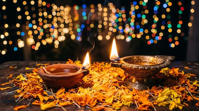 Traditional clay oil lamps lit for diwali festival celebration with blurred colorful fairy lights in the background