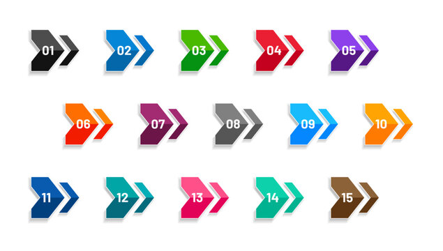 Set of geometric bullet points numbers in arrow style from one to fifteen, isolated on white background. Vector illustration.