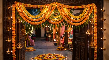 Fototapeta premium Traditional indian home entrance decorated with marigold flowers and glowing oil lamps for a festive celebration