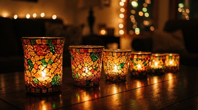 A row of colorful mosaic glass candle holders glowing warmly on a dark wooden table at night