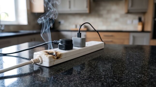 Smoking Overheated Power Strip with Charger on Kitchen Countertop
