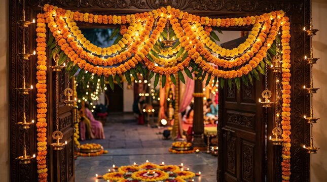 Traditional indian home entrance decorated with marigold flowers and glowing oil lamps for a festive celebration