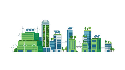 Fototapeta premium Sustainable city skyline with green buildings, solar panels, and wind turbines