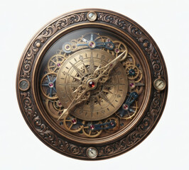 Fototapeta premium Vintage steampunk clock compass with exposed gears, brass filigree, and ruby jewels isolated on white background