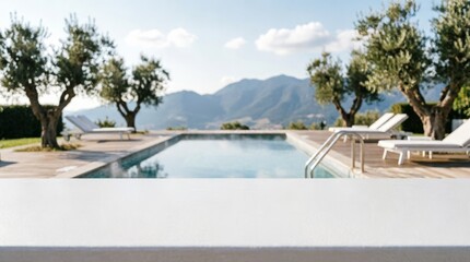 Fototapeta premium Luxury Pool with Olive Trees and Mountain View for Web Design