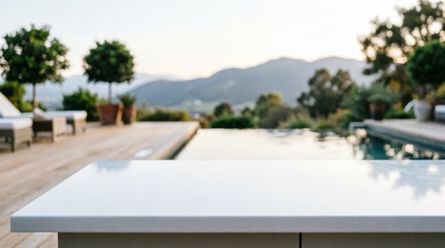 White Table Top with Mountain View and Pool for Product Display