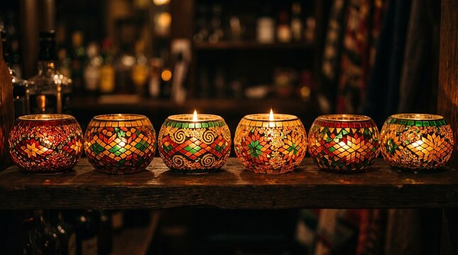 A row of decorative glass candle holders with warm glowing lights sitting on a rustic wooden table
