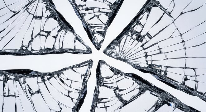 Abstract macro view of broken glass shards with sharp edges and intricate crack patterns, creating a transparent texture for unique overlays, crystalline, effect, sharp