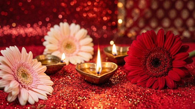 Beautiful diwali celebration background with glowing oil lamps and colorful gerbera flowers on a sparkling red surface