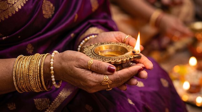 Close up of woman hands holding a traditional glowing diya oil lamp during the indian festival of diwali