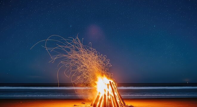 Bright orange sparks from a crackling beach bonfire dance over peaceful dark ocean waves under a starry night sky on the tranquil coast, scenic, atmosphere, sea