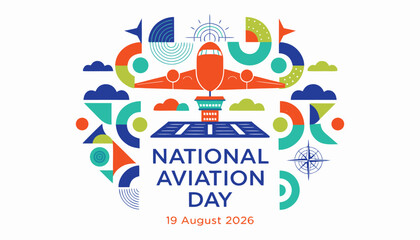 Obraz premium National aviation day celebration graphic with airplane and airport elements