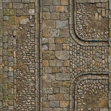 Overhead view of a seamless, tileable stone pavement texture featuring rough cobbles, smooth pebbles, earthy dirt, and natural debris. Perfect for backgrounds.