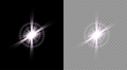 Fototapeta premium Abstract white star burst light effect with glowing rays isolated on black and transparent background for design projects