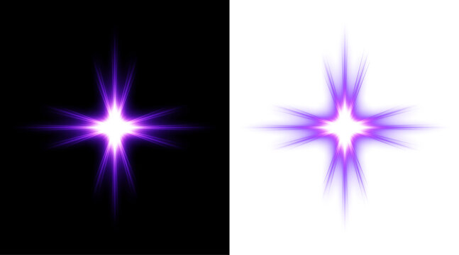 Abstract purple star burst light effect isolated on black and transparent backgrounds for creative graphic design projects