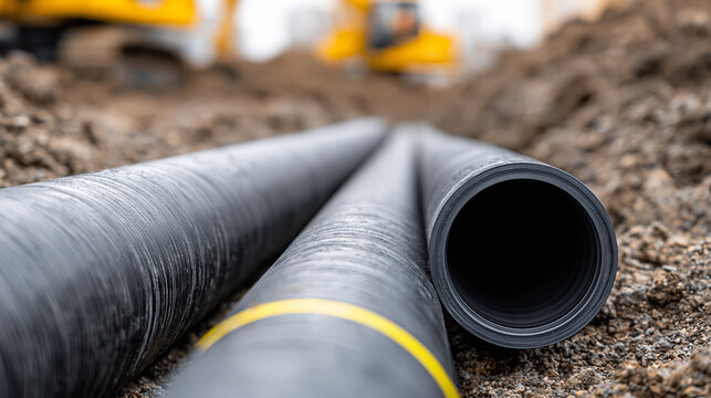 Black industrial HDPE pipes lying in a trench at a construction site. Suitable for infrastructure, utility, and civil.