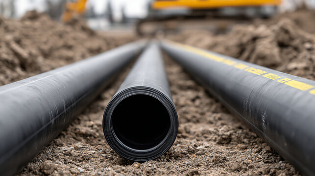 Black high-density polyethylene piping laid out in an open construction trench. Industrial utility network installation.