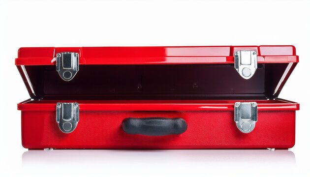 open empty red metal toolbox isolated on white background