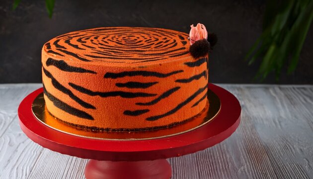 decorative tiger patterned cake on red stand