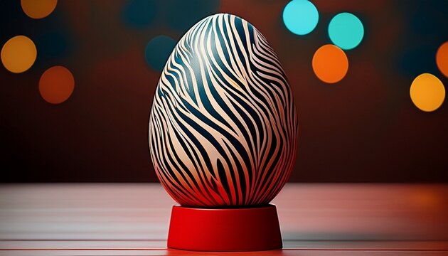 colorful zebra patterned egg standing on a small red stand