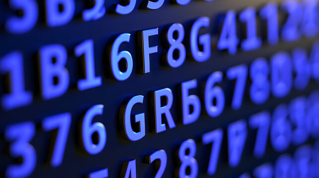 Close-up of alphanumeric codes illuminated in blue, creating a modern and digital atmosphere.
