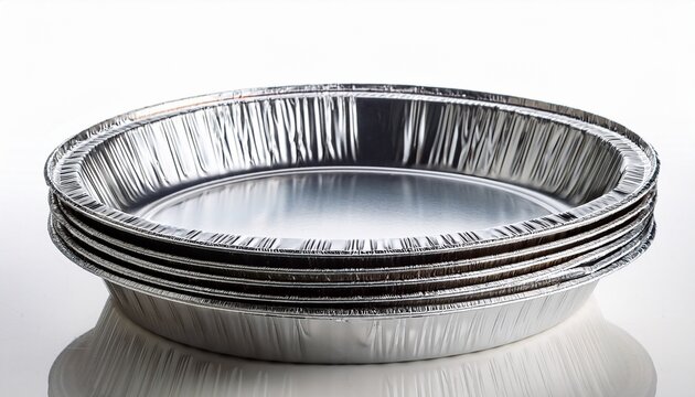 stack of empty disposable aluminum foil pie pans isolated on white background
