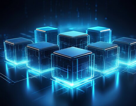 minimalist futuristic scene showing glowing blue light cubes on dark reflective surface representing blockchain technology data security and structured digital architecture for modern business