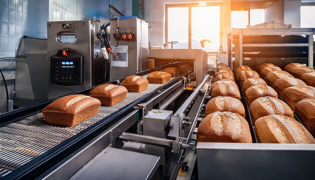 automated packaging of fresh bread loaves on a conveyor belt in a large industrial bakery