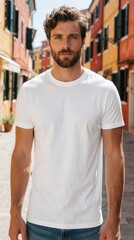 Fototapeta premium Handsome bearded man wearing blank white t-shirt stands on city street. Casual male model poses in plain cotton apparel. Young guy in simple clothes looks confident outdoors. Stylish streetwear