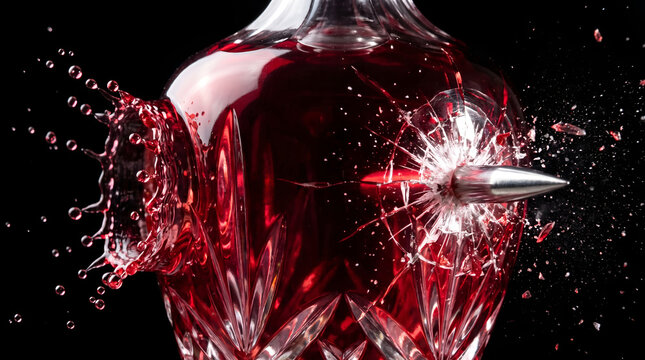 Ruby red perfume bottle shattered by arrow impact macro photography black background
