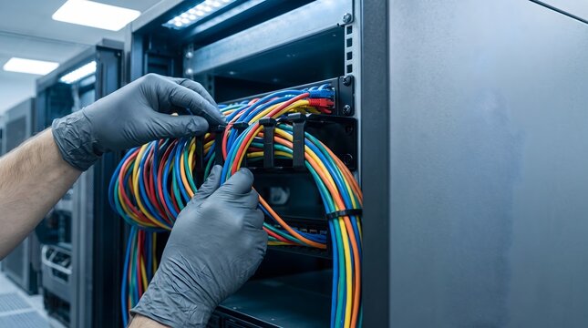Technician hands in gloves organizing colorful cables in server rack, data center and IT infrastructure macro close-up, technology concept, copy space