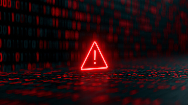 A vibrant red warning triangle icon illuminates a dark landscape of flowing binary digits. Visual metaphor for digital.